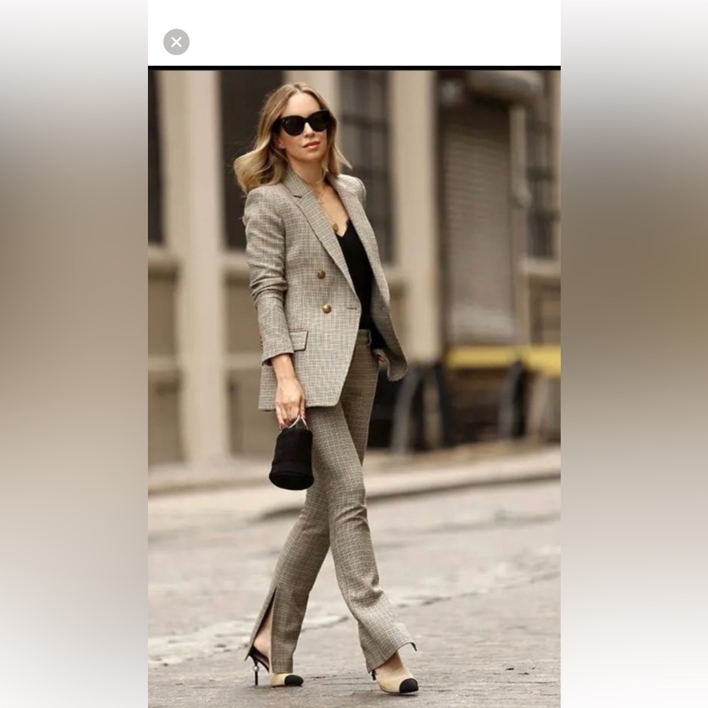 A.L.C. Tweed Plaid Blazer & Slit Pants Set in Beige and Black